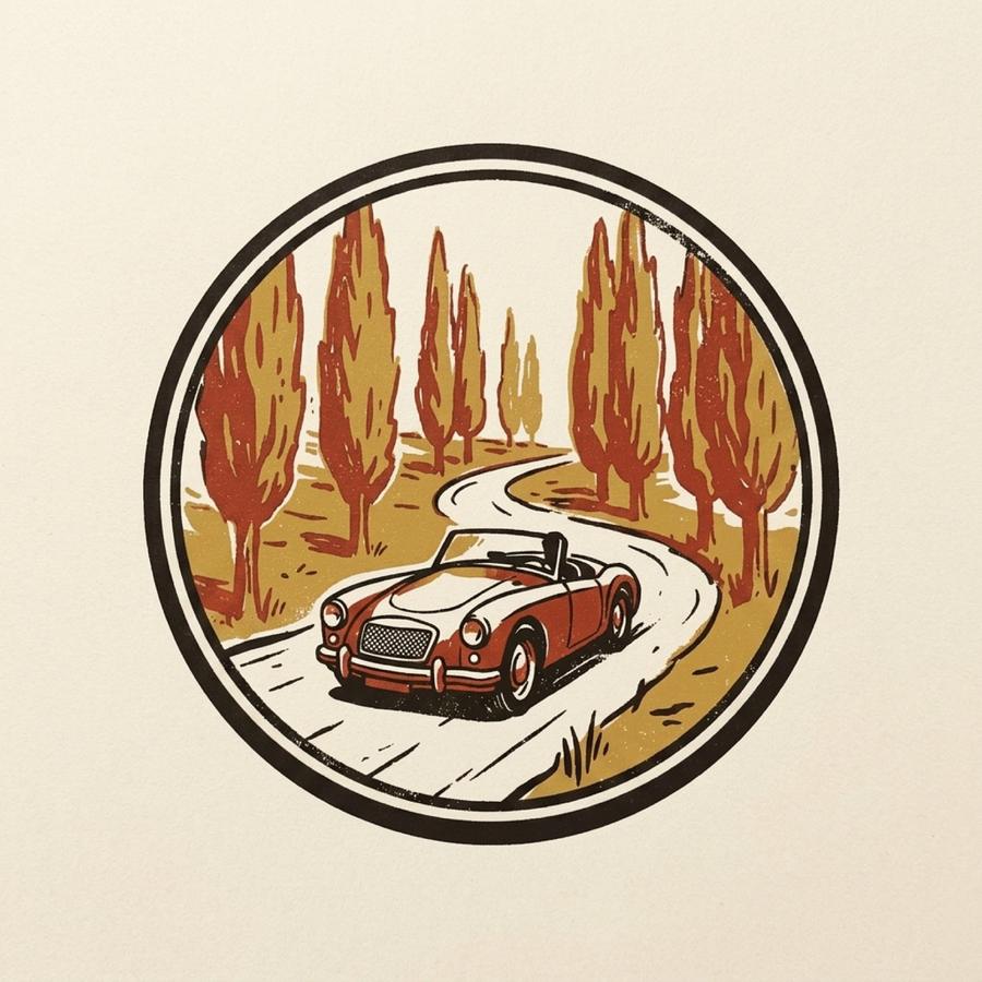 A letterpress emblem: an open-topped roadster on a winding road between poplars.