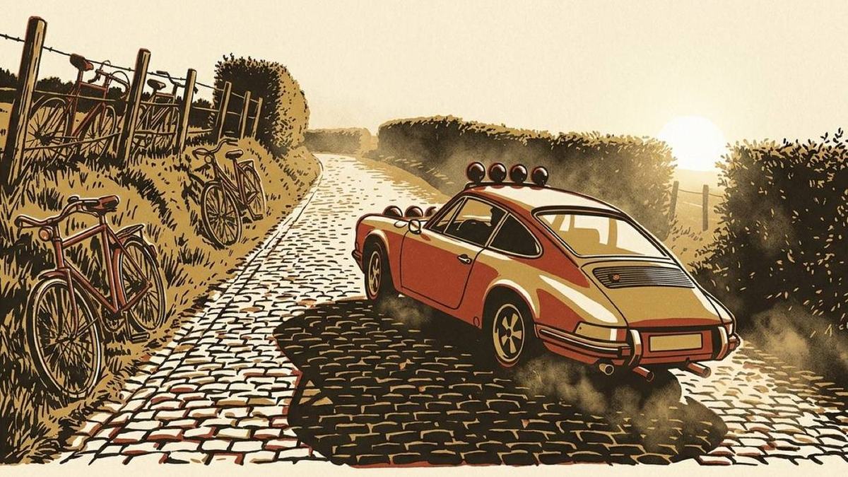 A steep cobbled climb rising between hedgerows in rolling Flemish farmland, a roadster part-way up, a church spire on the ridge beyond.