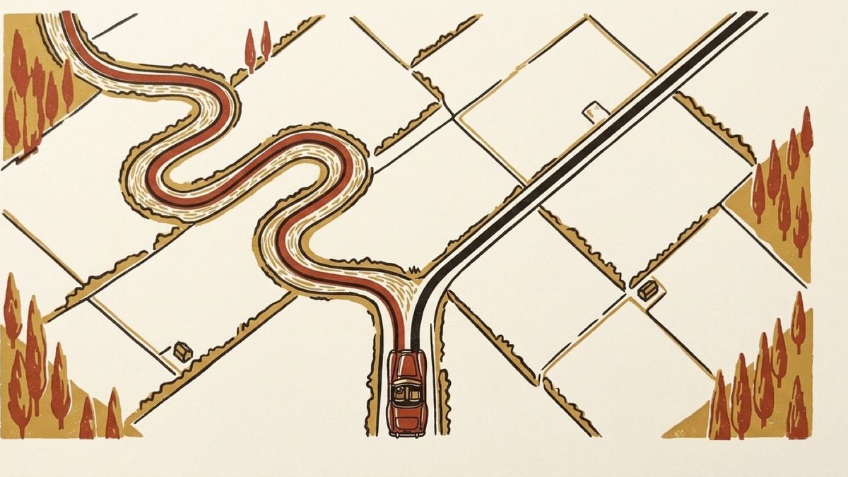 A schematic map from above: a winding red route through fields and woods separating from a straight dark road that cuts across country.