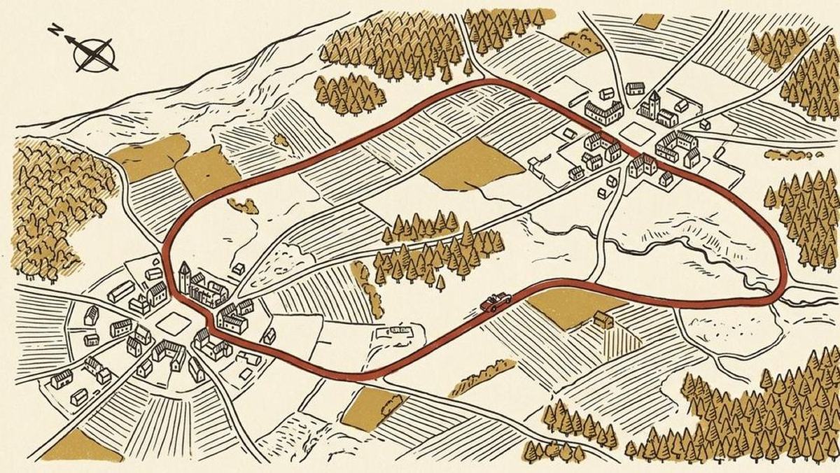 A closed ring of country road seen from above, drawn as a map through fields and woods, with a car on it.