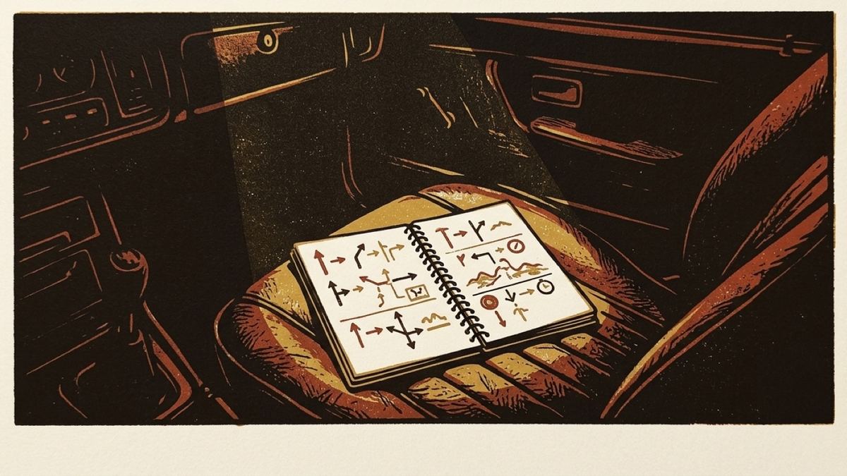 The interior of a car at night: a small map light casting a warm pool of light onto an open spiral-bound notebook on a worn leather seat, the rest of the cabin in shadow.
