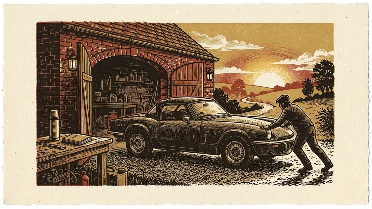 A garage at dawn with the door open and a classic roadster inside, early light falling across the floor.
