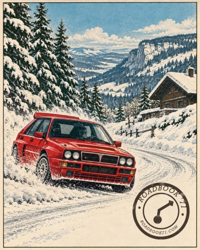 Jura in January: snow banks, chalets and a Lancia Delta Integrale.