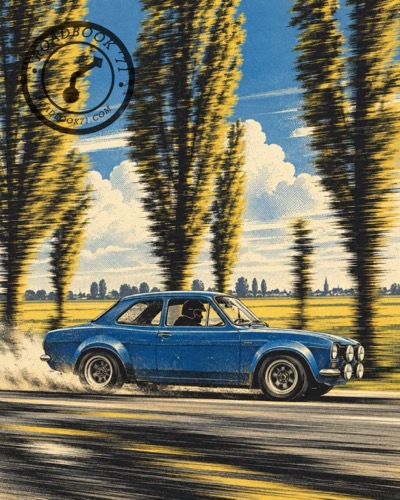 A blue Ford Escort flat out between the poplars of Flanders (reel).