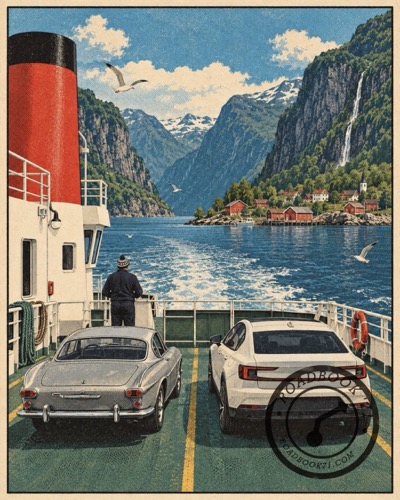 A Volvo P1800 and a Polestar share a car ferry across a Norwegian fjord.