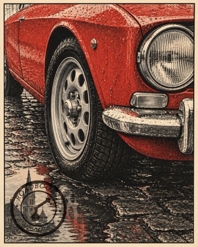 Wet granite and a chrome edge: the front wheel of a red Alfa Romeo Giulia.