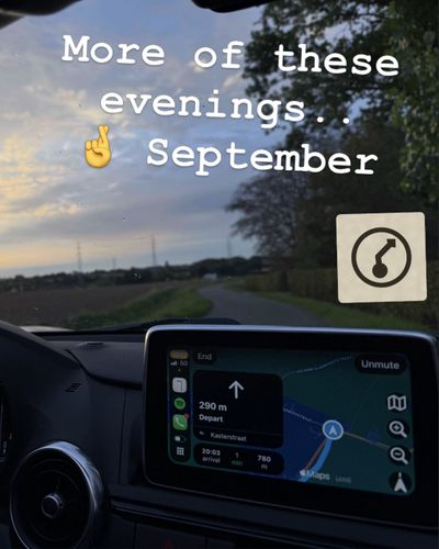 An evening drive in an MX-5, CarPlay showing the next turn: “More of these evenings, September.”