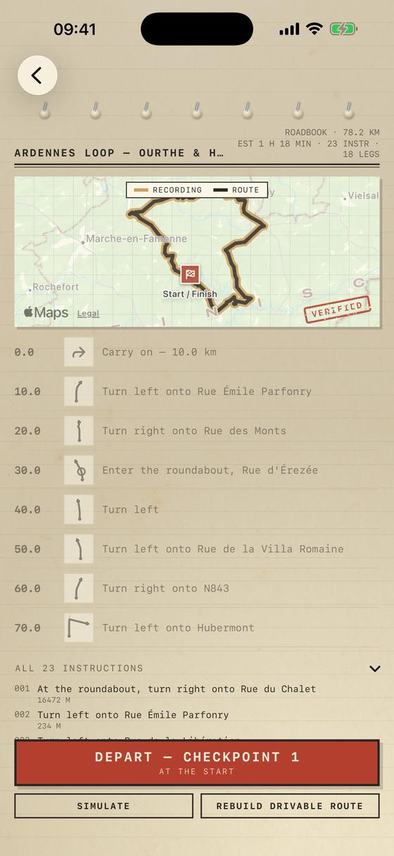 The route screen: the computed road route inked over the recorded track, with the loop's distance and a list of stretches that need attention.