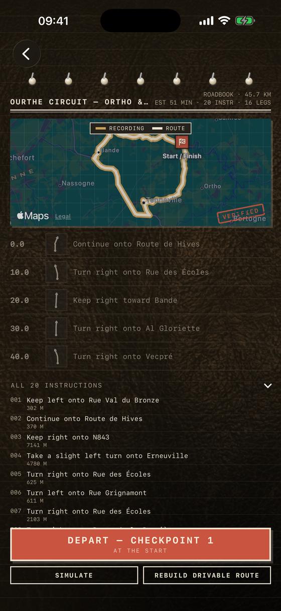 The same drive timeline in night appearance: warm off-white printing on a near-black leather ground.