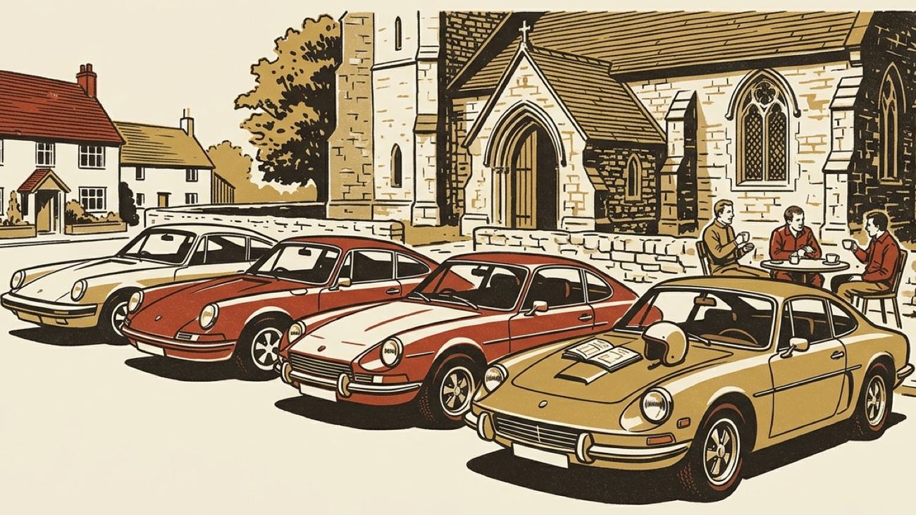 Four classic sports cars parked on a village square outside a stone church, three people at a café table with coffee, a roadbook open on one bonnet.