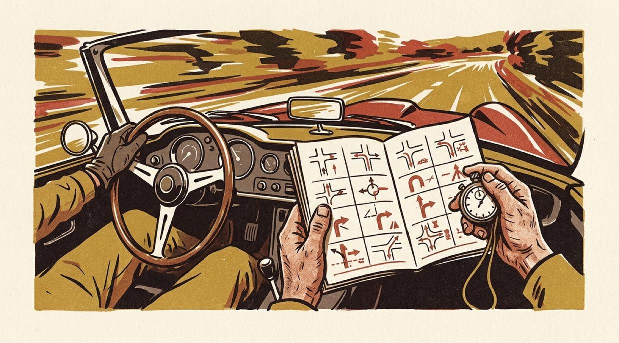 A co-driver in the passenger seat of an open roadster holding an open spiral-bound roadbook, the driver's hands on a thin wooden wheel, a country road running ahead between poplars.