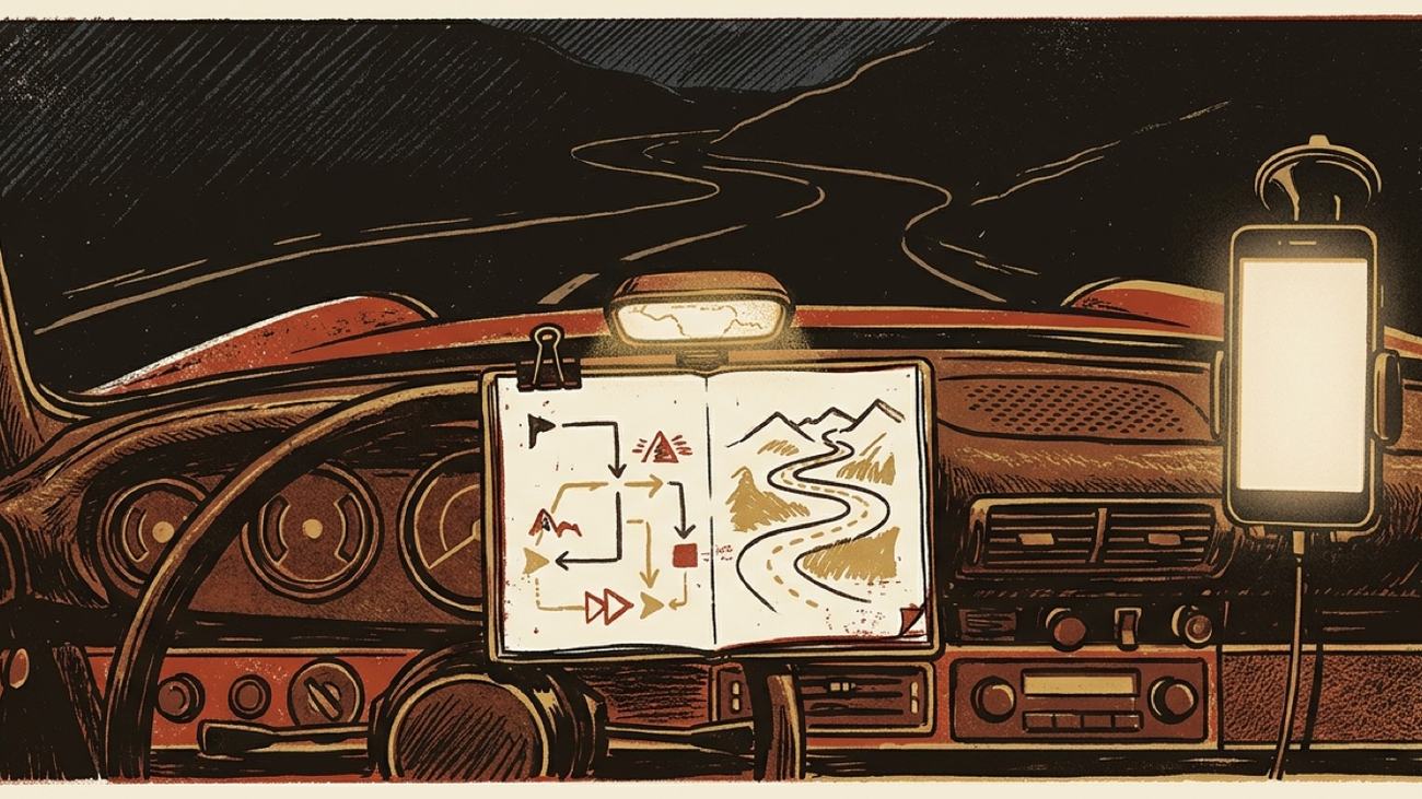 A car's dashboard at night, instruments glowing warm, an open roadbook lit by a small map light, the road dark beyond the windscreen.