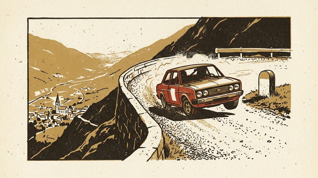 A hairpin climbing a wooded hillside, the road doubling back on itself, a small open car on the lower bend.